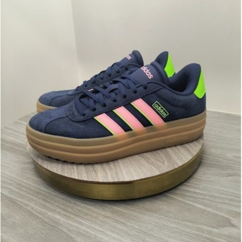 Adidas VL 7.5 Court Bold Navy & Pink Sueded Platform Sneakers 3 Stripe EUC